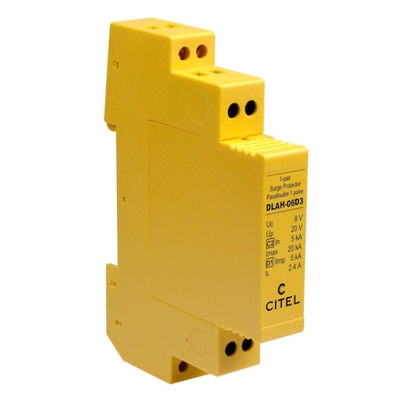 High Current Data DIN Rail Line Protector, 1-Pair (2 Wire+ Ground), 6V, Ul 497B